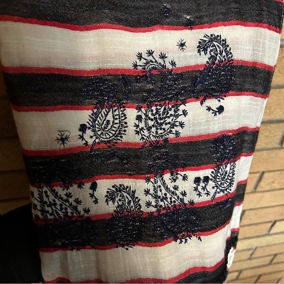NWT LOFT Embroidered Black Red & White Striped Scarf 70x24” - Picture 3 of 6